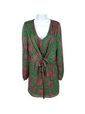 Intempo Leaf Tropical Print Long Sleeve Romper Green Pink Size Medium